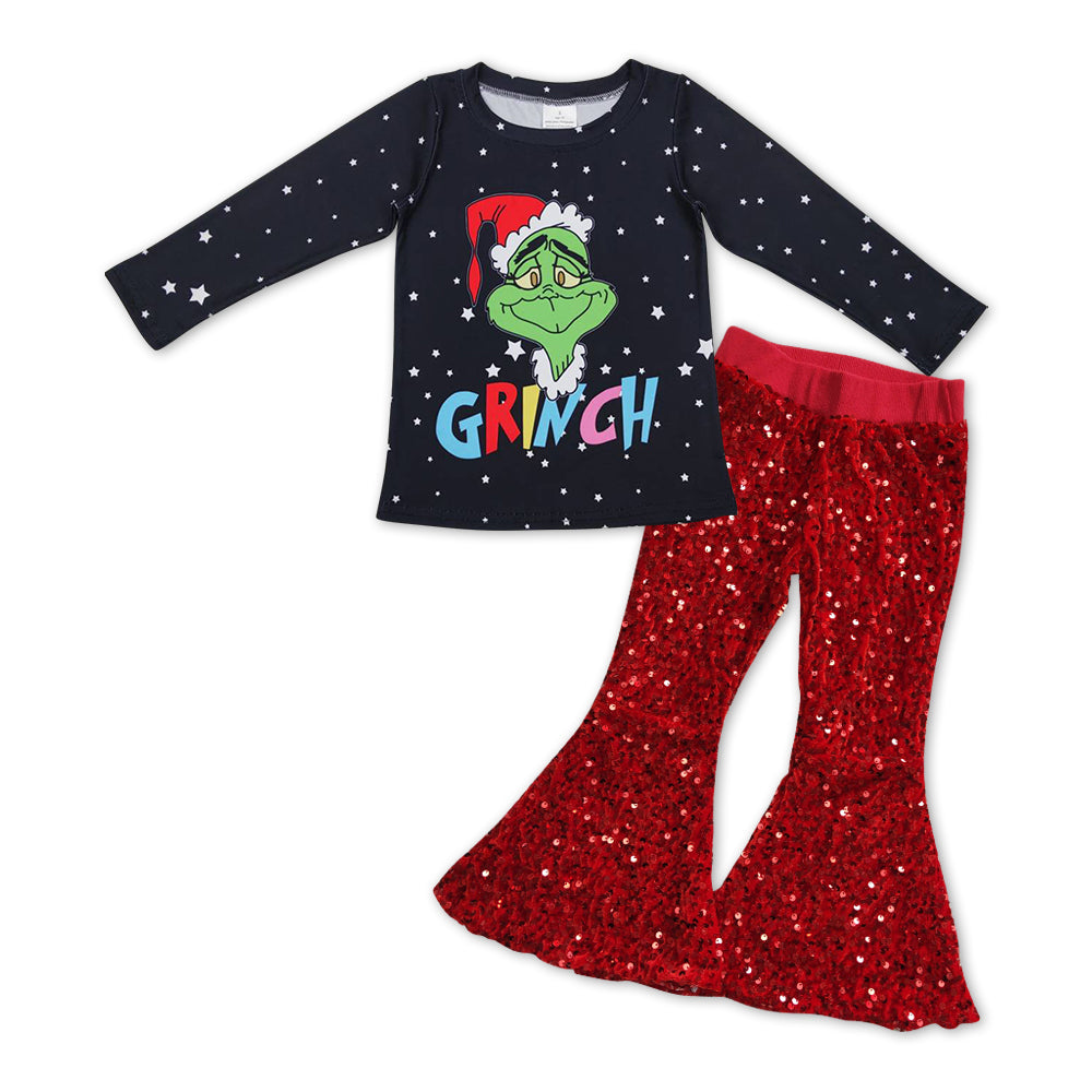 Christmas GLP1008 Christmas green face black long sleeve red sequin pants girls set