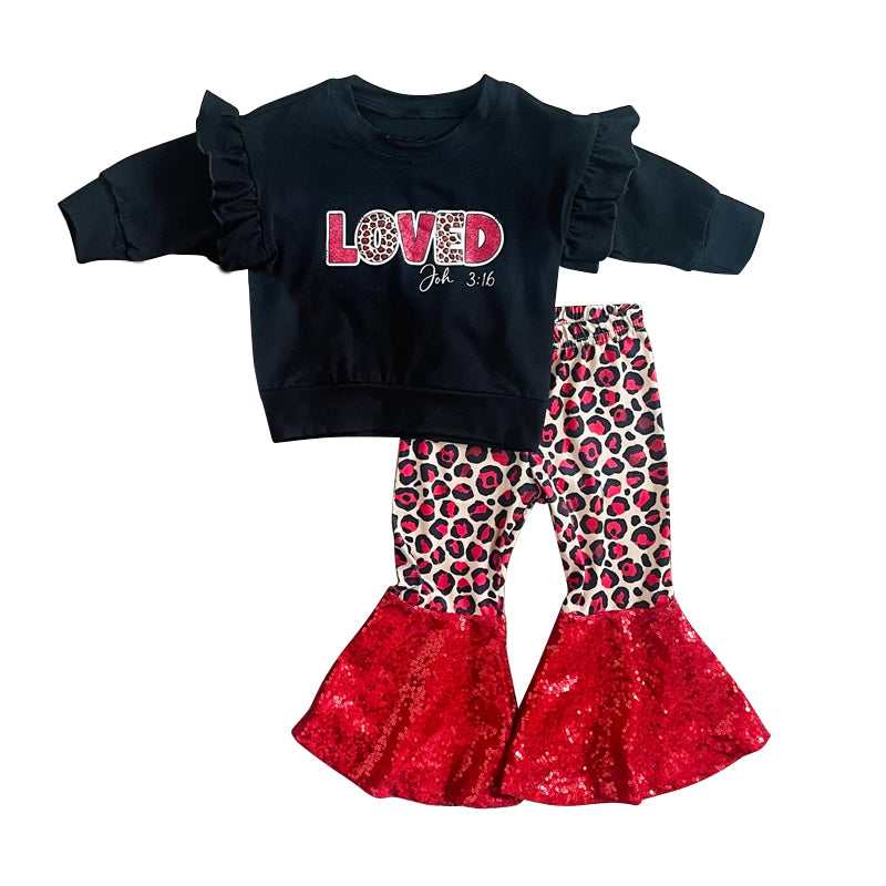 preorder GLP1037 Loved black long sleeve red leopard pants girls set