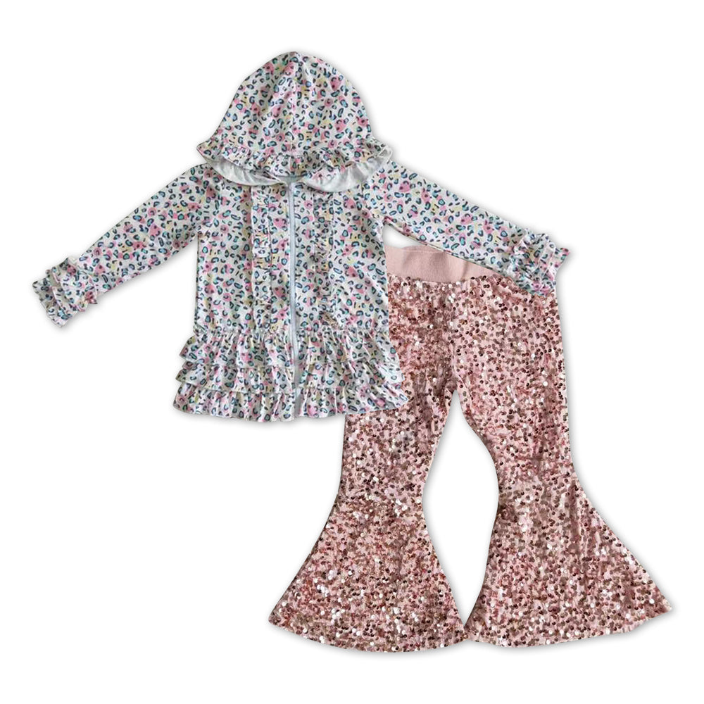 GLP1039 Colorful leopard ruffles long sleeve hoodie pink sequin pants girls set