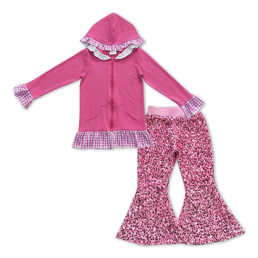 GLP1052 Hot pink cotton long sleeve hoodie pink sequin pants girls set