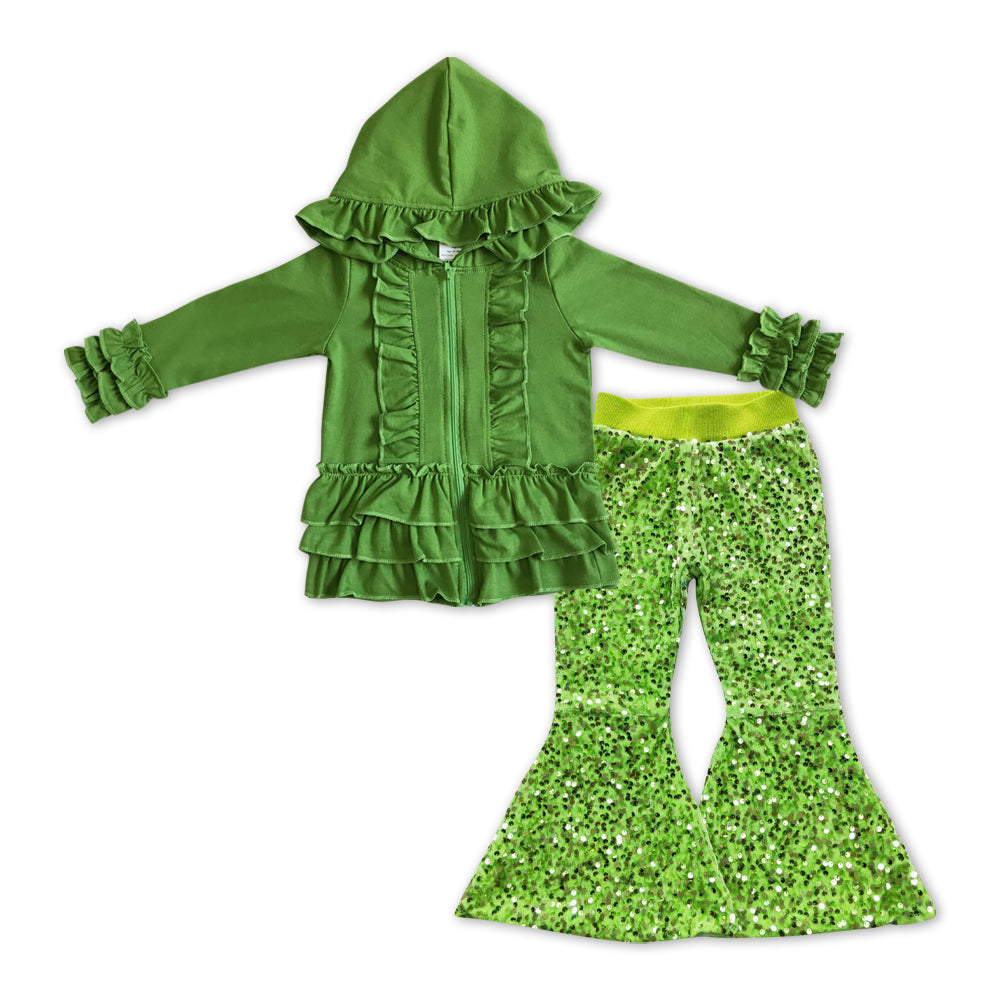 GLP1056 Green ruffles long sleeve hoodie green sequin pants girls set