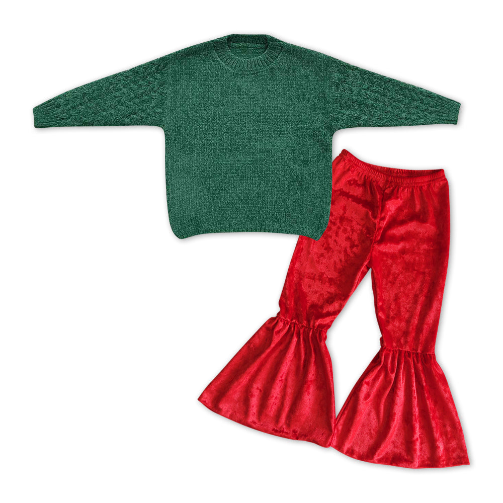 GLP1058 Dark Green sweater long sleeve red velvet pants girls set