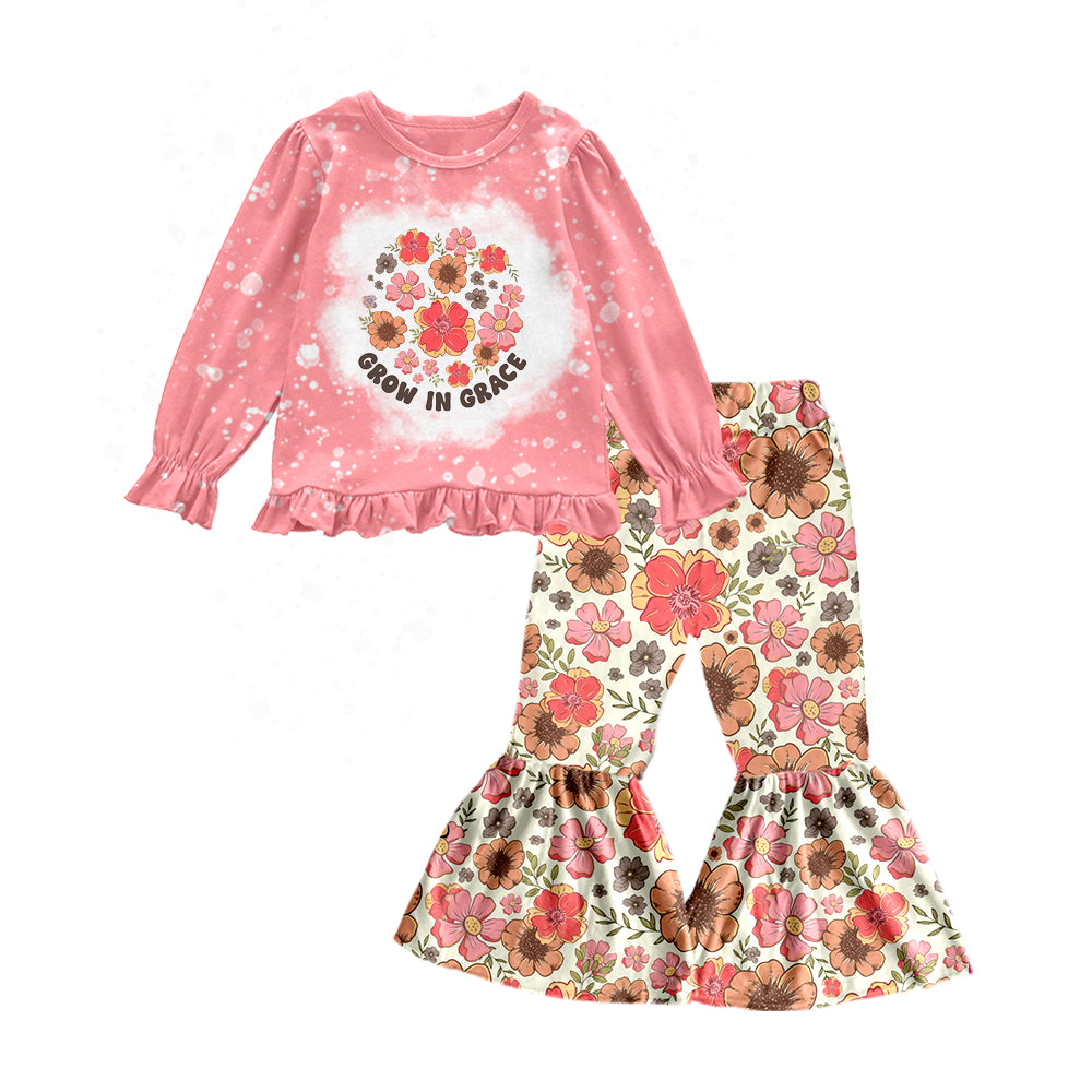 preorder GLP1124 Baby Girl Grow In Grace Flowers Pink Long Sleeve Girls Set Kids Cute Clothes