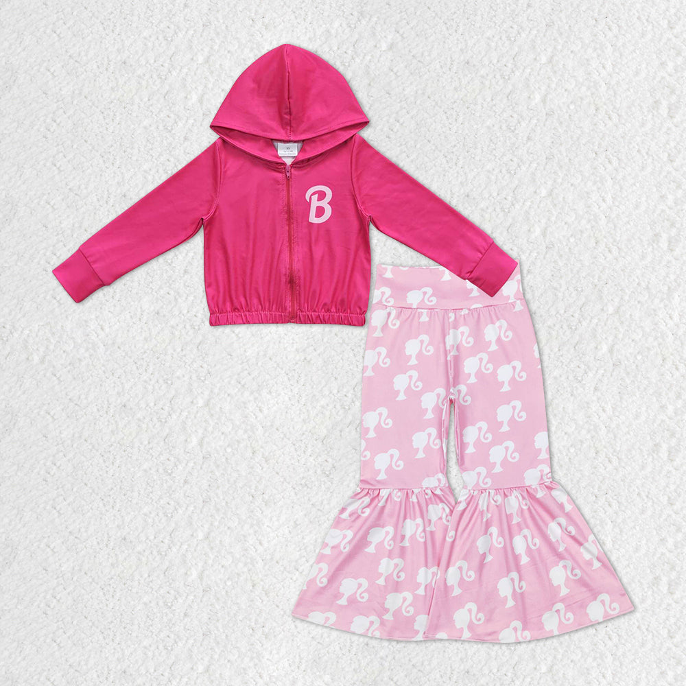 GLP1149 BA Cartoon Hot Pink Zipper Hoodie Pink Pants Girls Set
