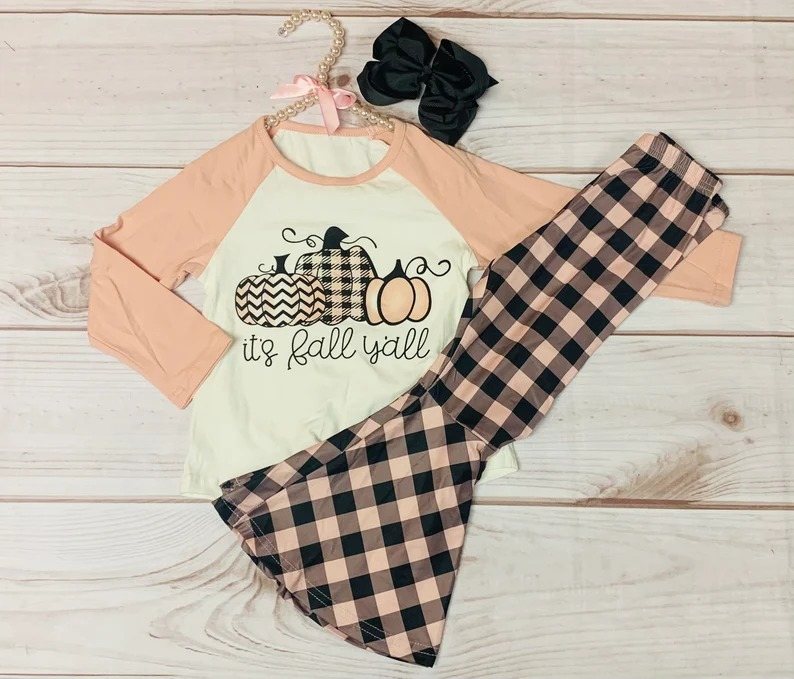 preorder GLP1175 it's fall yall pumpkin long sleeve checkered pants girls set