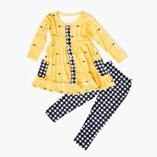 preorder GLP1191 cute bee heart yellow long sleeve black checkered pants girls set
