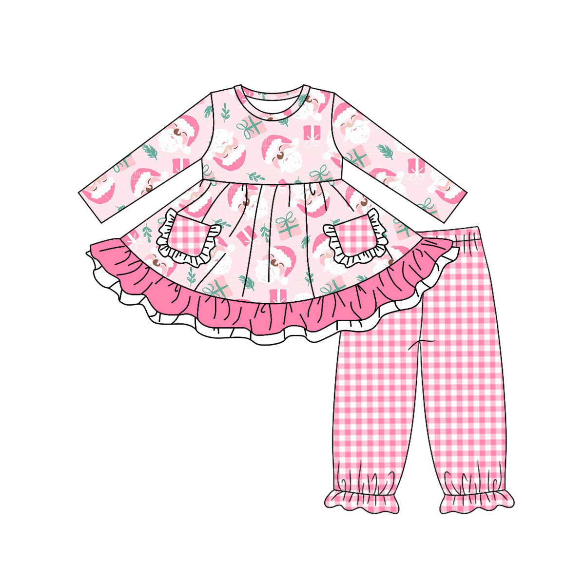 preorder GLP1207 Christmas Santa gift pockets long sleeve pink checkered pants girls set