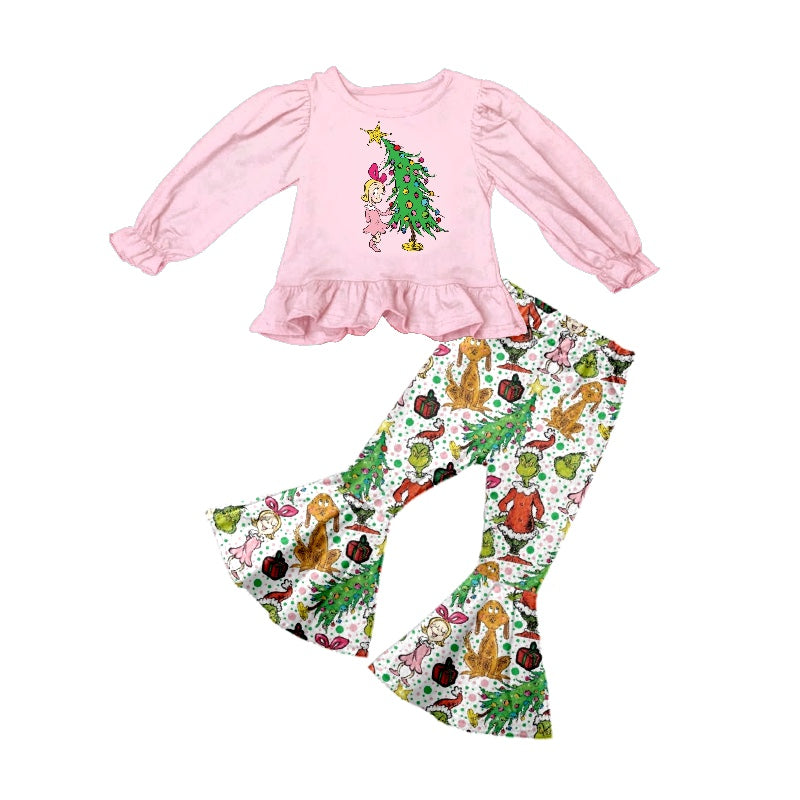 preorder GLP1221 Christmas green face cartoon girl pink long sleeve pants girls set