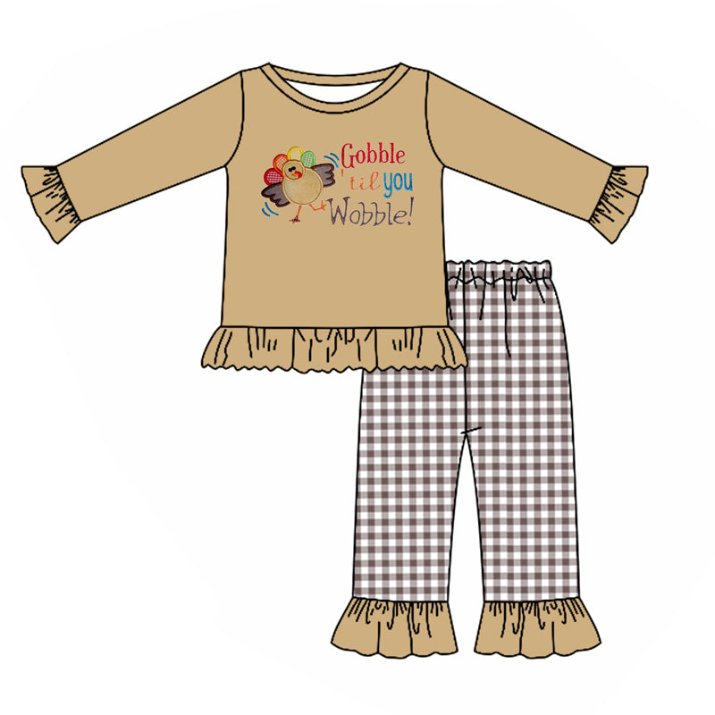 preorder GLP1224 Thanksgiving Gobble turkey khaki long sleeve checkered pants girls set