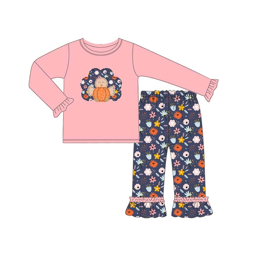 preorder GLP1234 Thanksgiving Autumn turkey pumpkin pink long sleeve colorful flowers pants girls set