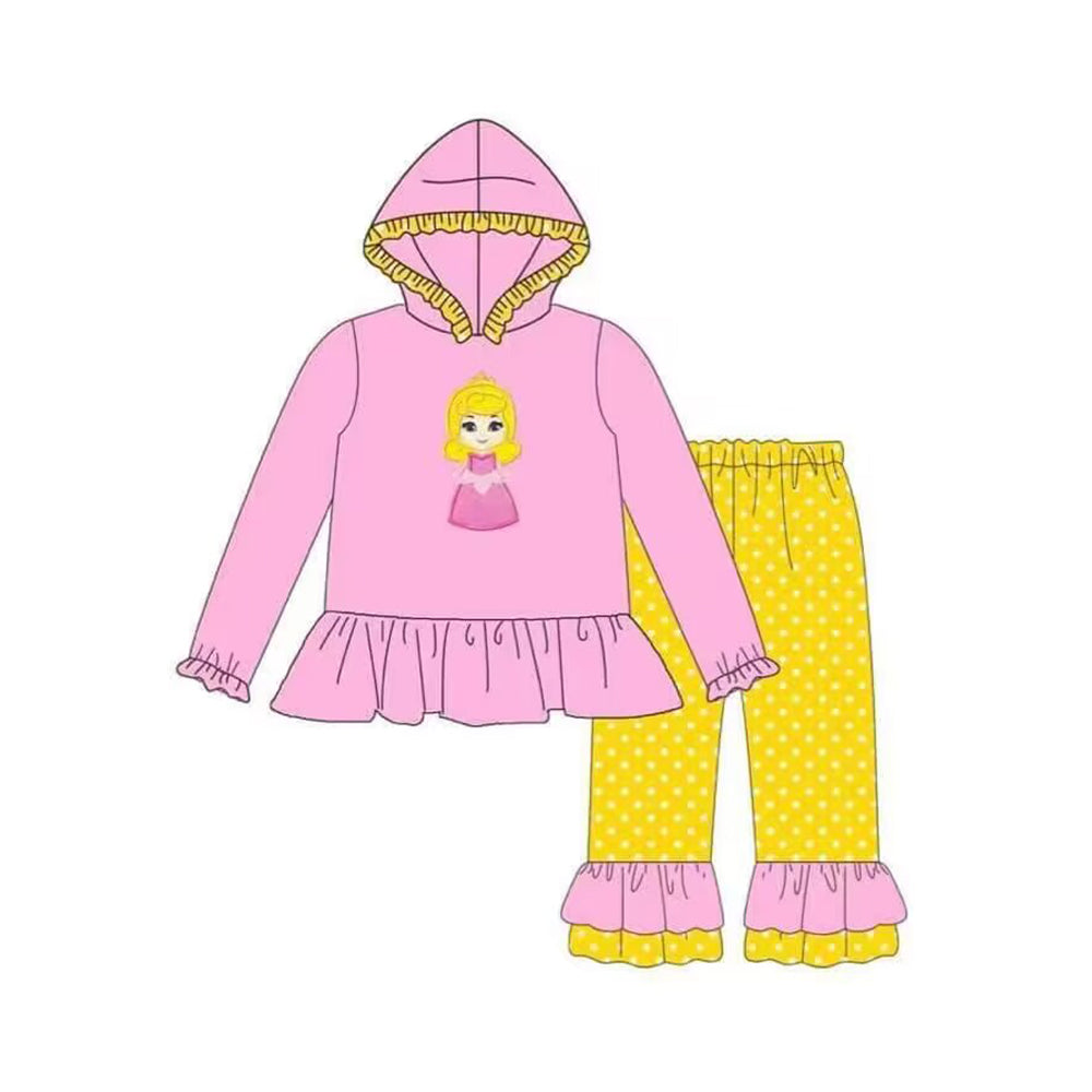 preorder GLP1288 cartoon princess pink long sleeve yellow dot pants girls hoodie set