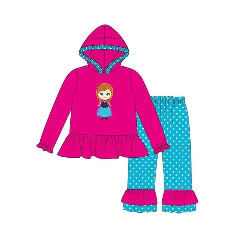 preorder GLP1294 cartoon princess hot pink long sleeve blue dot pants girls hoodie set