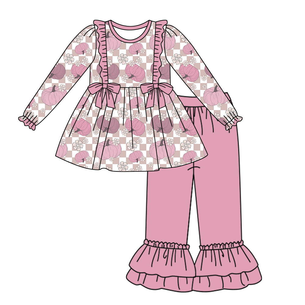 Preorder GLP1332 in October we wear pink pumpkin flowers long sleeve pink pants girls set