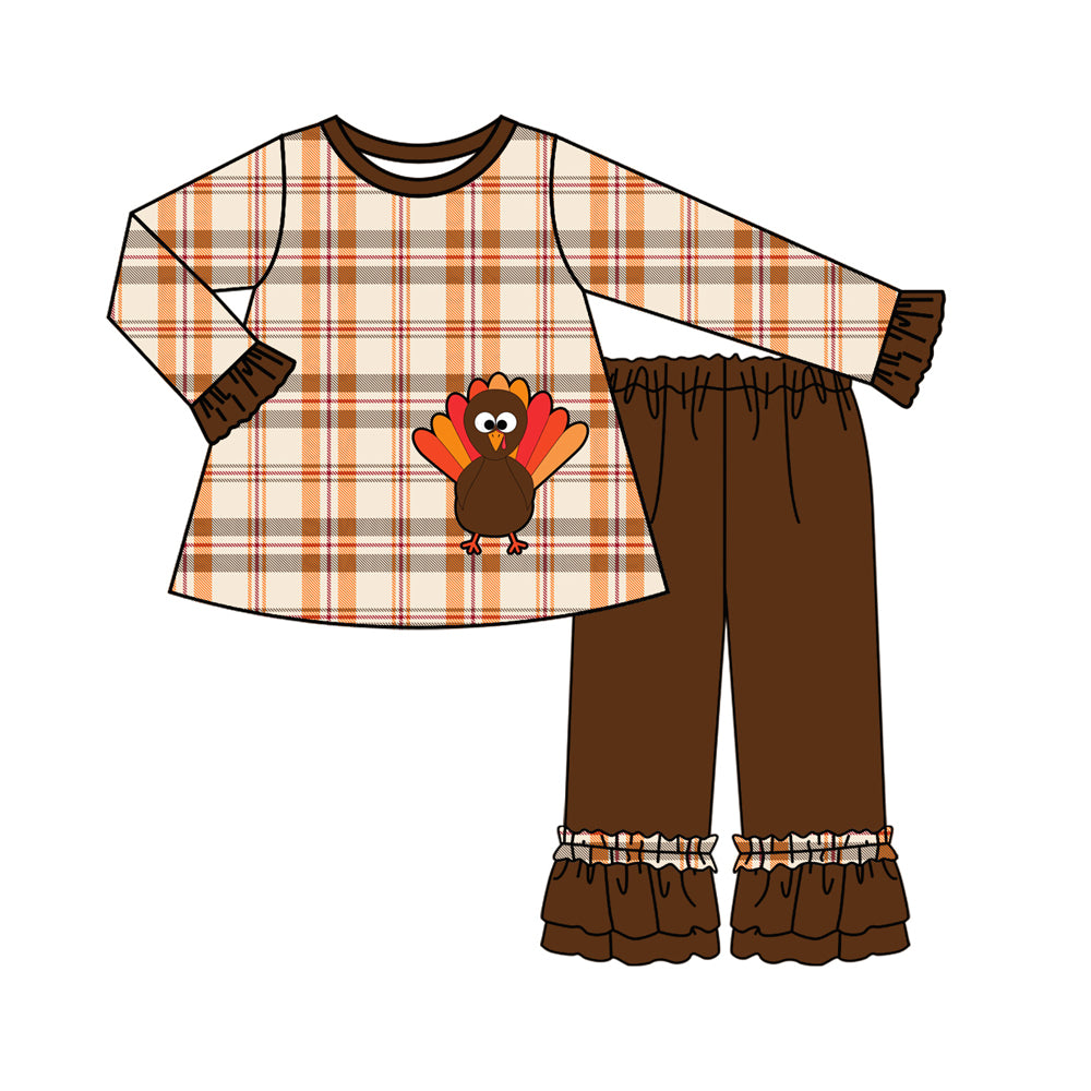Preorder GLP1333 Thanksgiving turkey orange checkered long sleeve brown pants girls set
