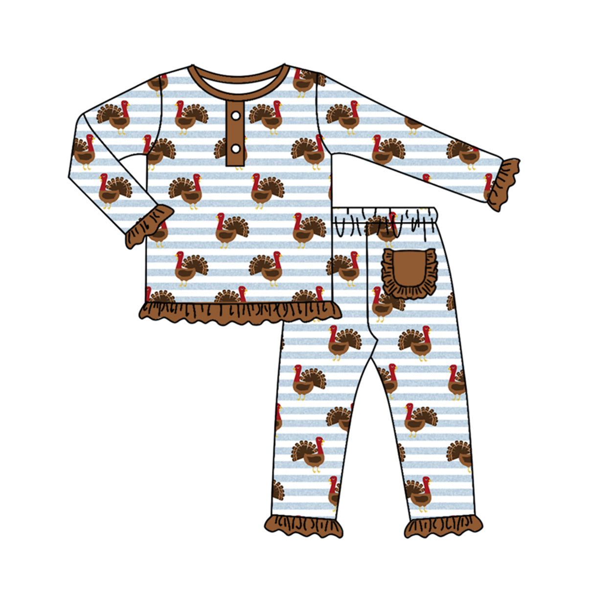 preorder GLP1350 Thanksgiving turkey blue striped long sleeve pants girls pajamas