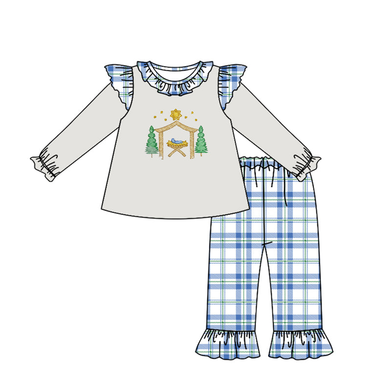 preorder BLP0594 The Nativity Story grey long sleeve blue checkered pants girls set