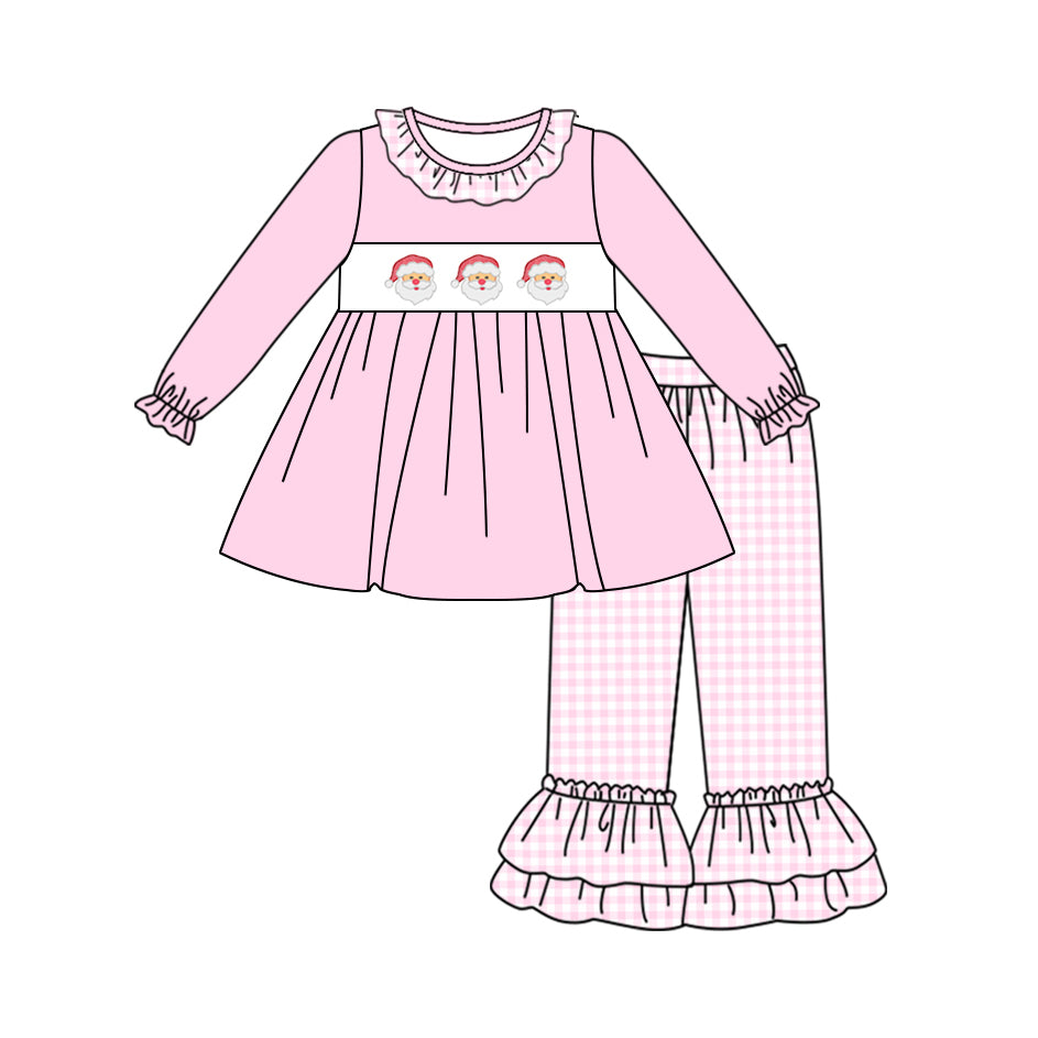 preorder GLP1398 Christmas Santa pink long sleeve pink checkered pants girls set