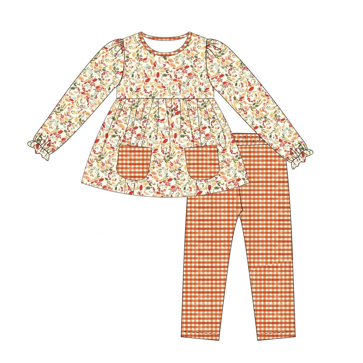 preorder GLP1423 colorful flowers print pockets long sleeve orange checkered pants girls set