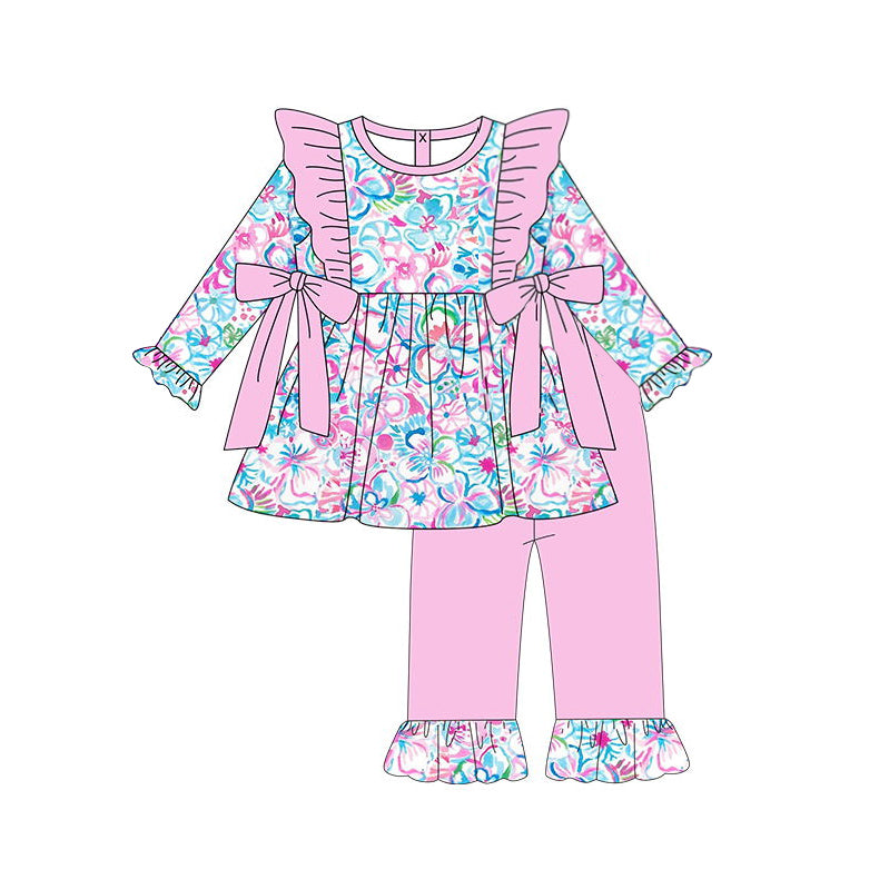 preorder GLP1428 colorful flowers pink bows long sleeve pink pants girls set