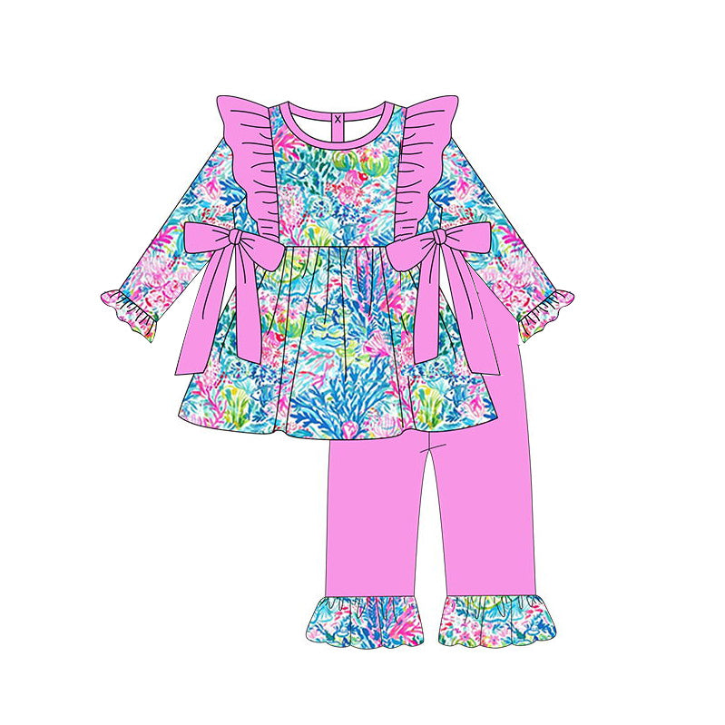 preorder GLP1429 colorful seaweed hot pink bows long sleeve hot pink pants girls set