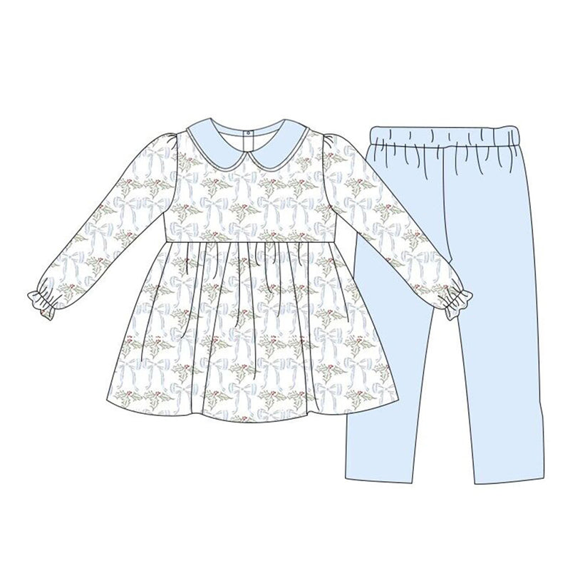 preorder GLP1446 Christmas Holly Berry bow long sleeve blue pants girls set