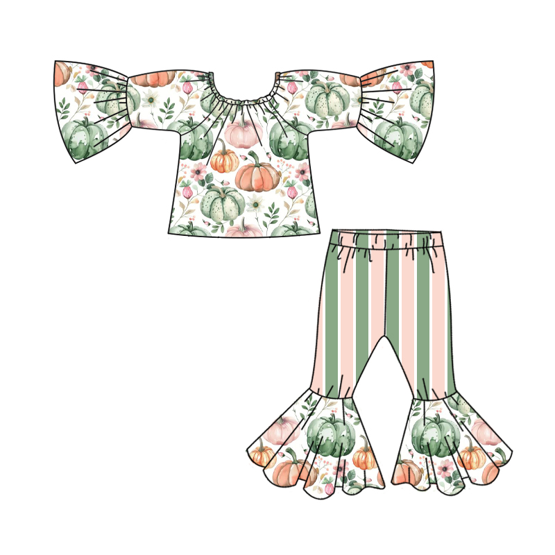 Preorder GLP1469 Autumn fall pumpkin long sleeve green striped pants girls set