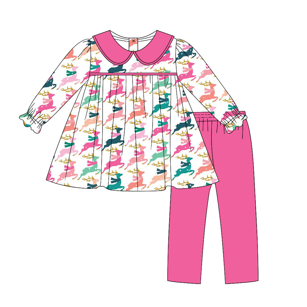 Preorder GLP1473 Christmas colorful deer long sleeve hot pink pants girls set