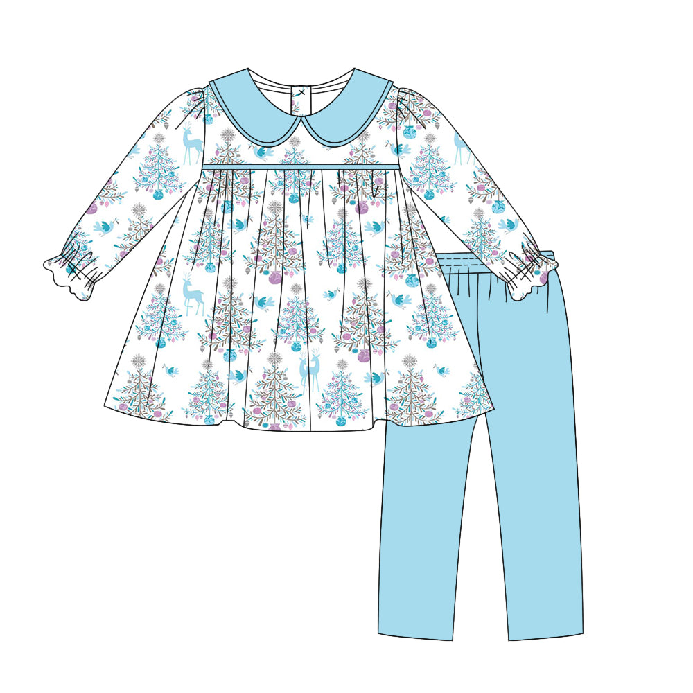 Preorder GLP1486 Christmas tree deer long sleeve blue pants girls set
