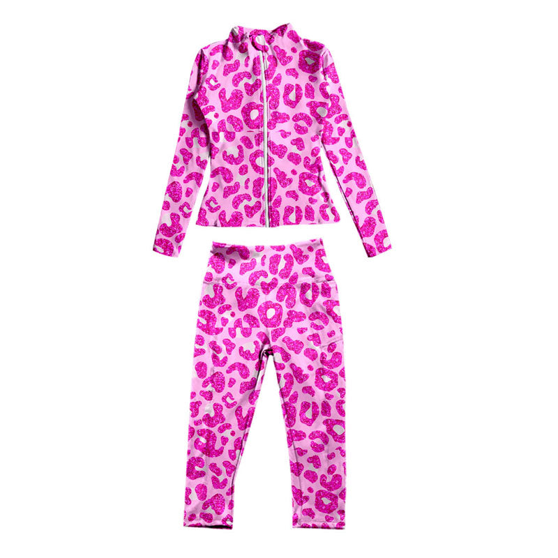preorder GLP1492 hot pink leopard long sleeve pants girls yoga clothes set