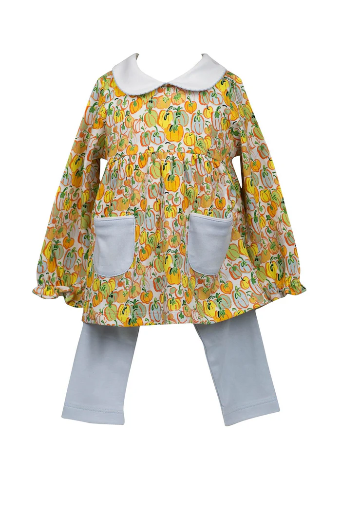 preorder GLP1504 Autumn pumpkin pockets long sleeve blue pants girls set