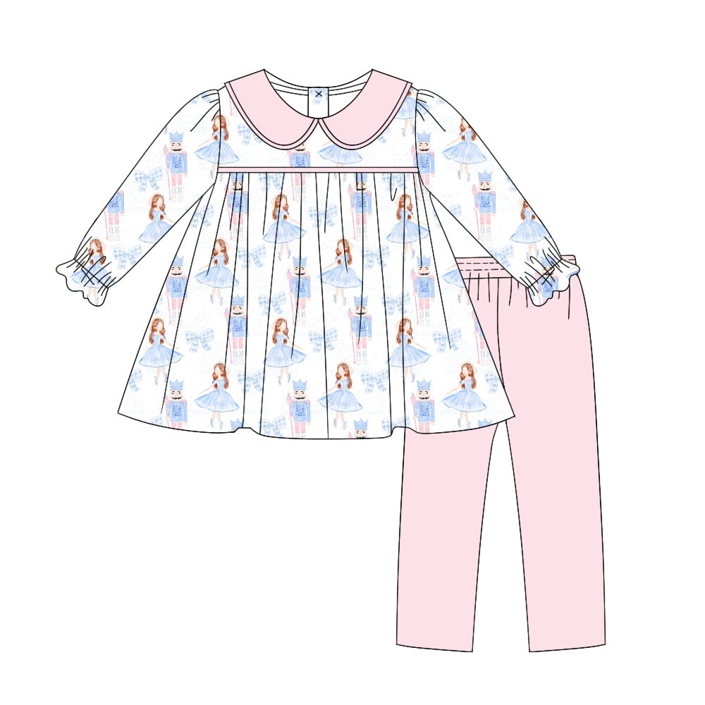 preorder GLP1512 Christmas blue bows dance girl soldier long sleeve pink pants girls set
