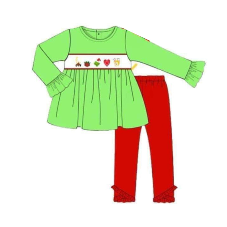 preorder GLP1540 Christmas green face long sleeve red pants girls set