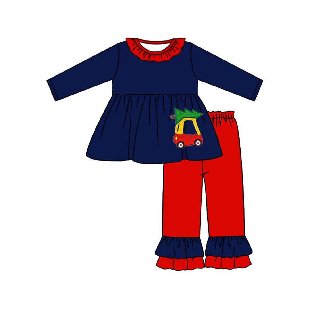 preorder GLP1541 Christmas tree golden car navy blue long sleeve red pants girls set
