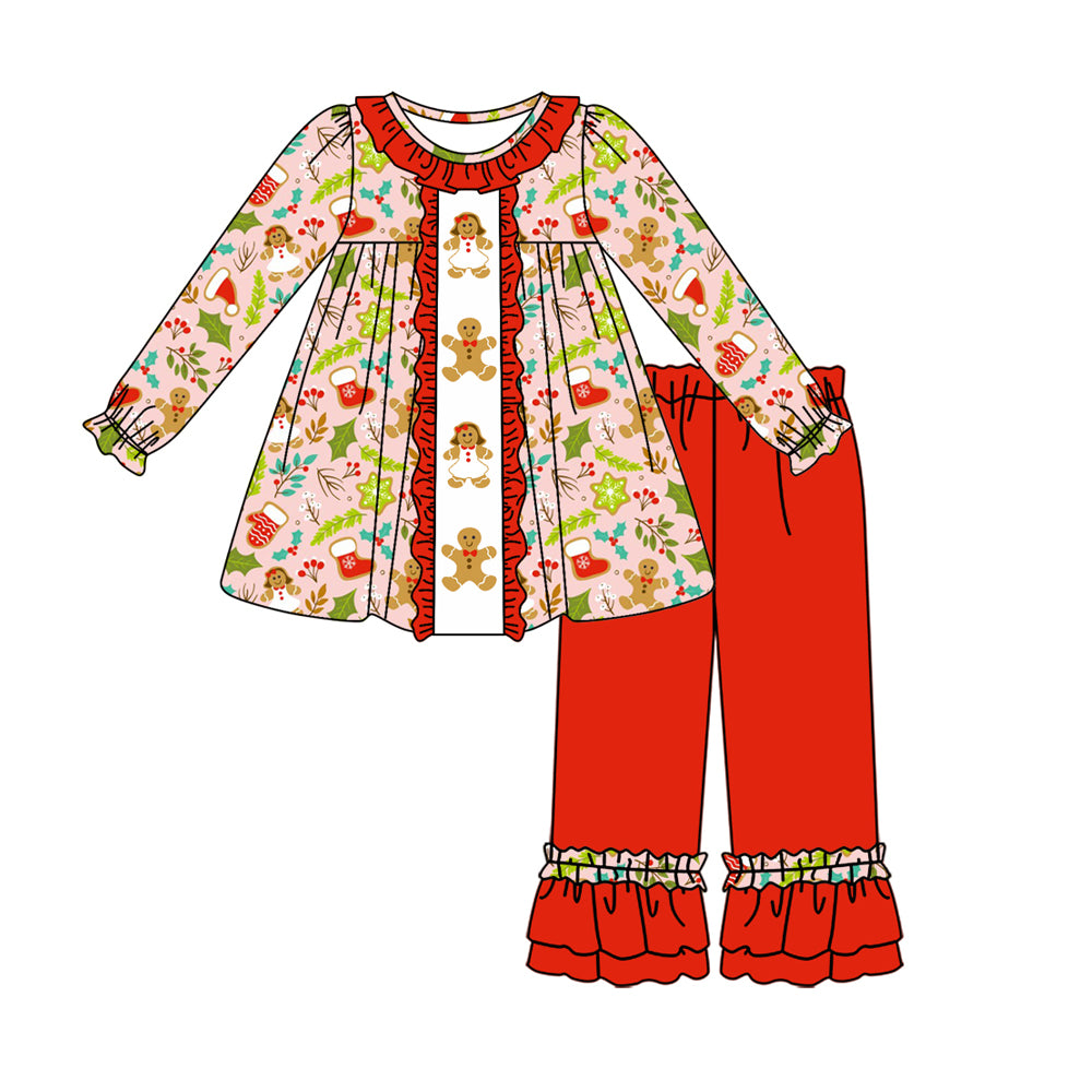 preorder GLP1545 Christmas gingerbread man long sleeve red pants girls set