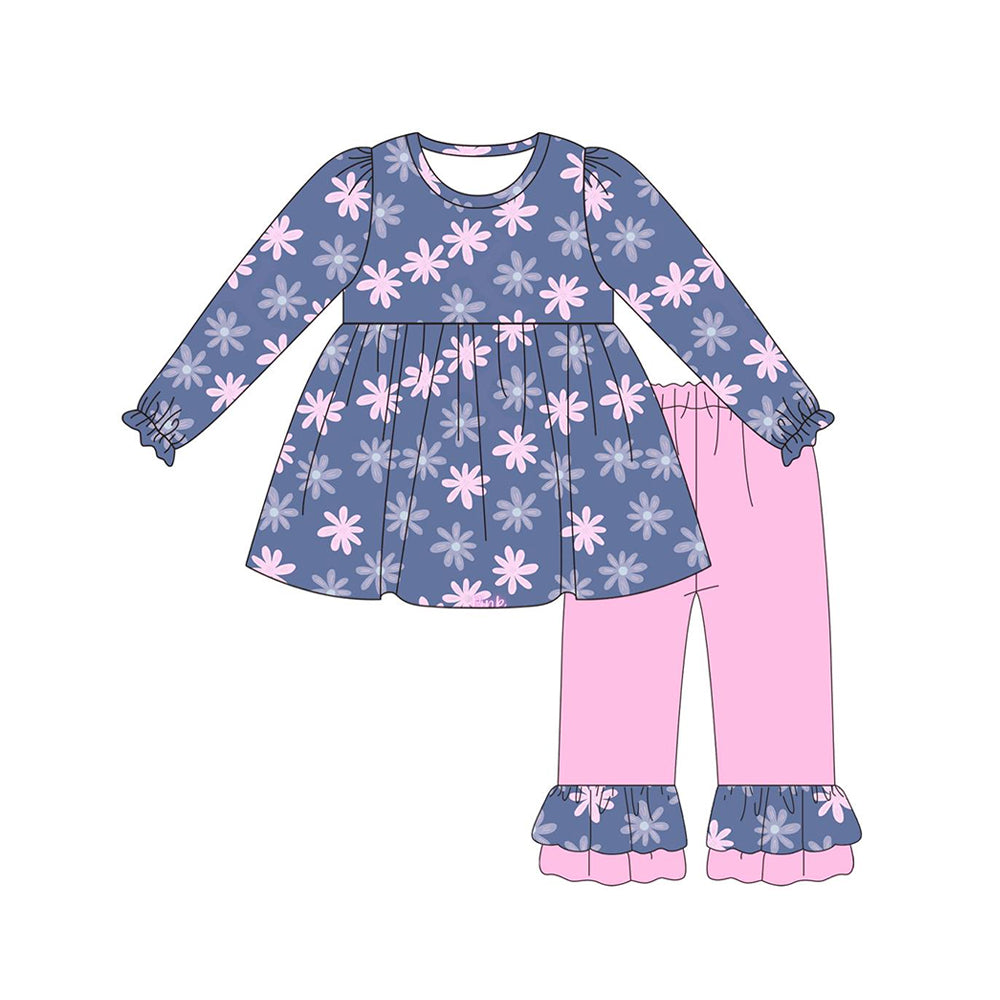 preorder GLP1560 pink flowers navy blue long sleeve pink pants girls set