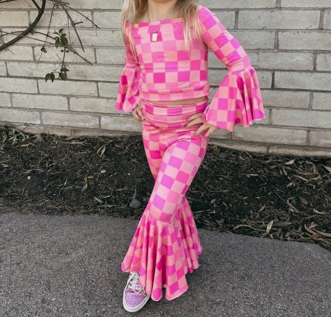 preorder GLP1571 pink checkered long sleeve pants girls set