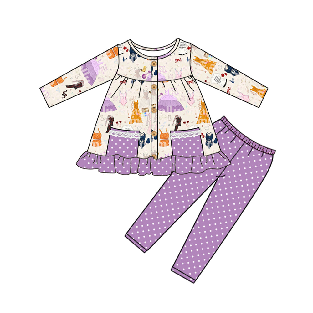 preorder GLP1586 Taylor country singer pockets long sleeve purple dot pants girls set