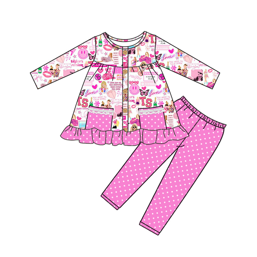 preorder GLP1587 Taylor country singer pockets long sleeve hot pink dot pants girls set