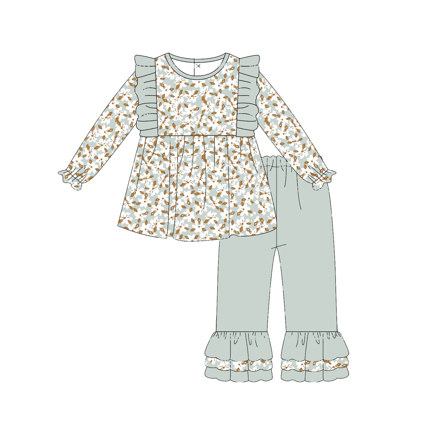 preorder GLP1614 cute little flowers long sleeve grey green pants girls set