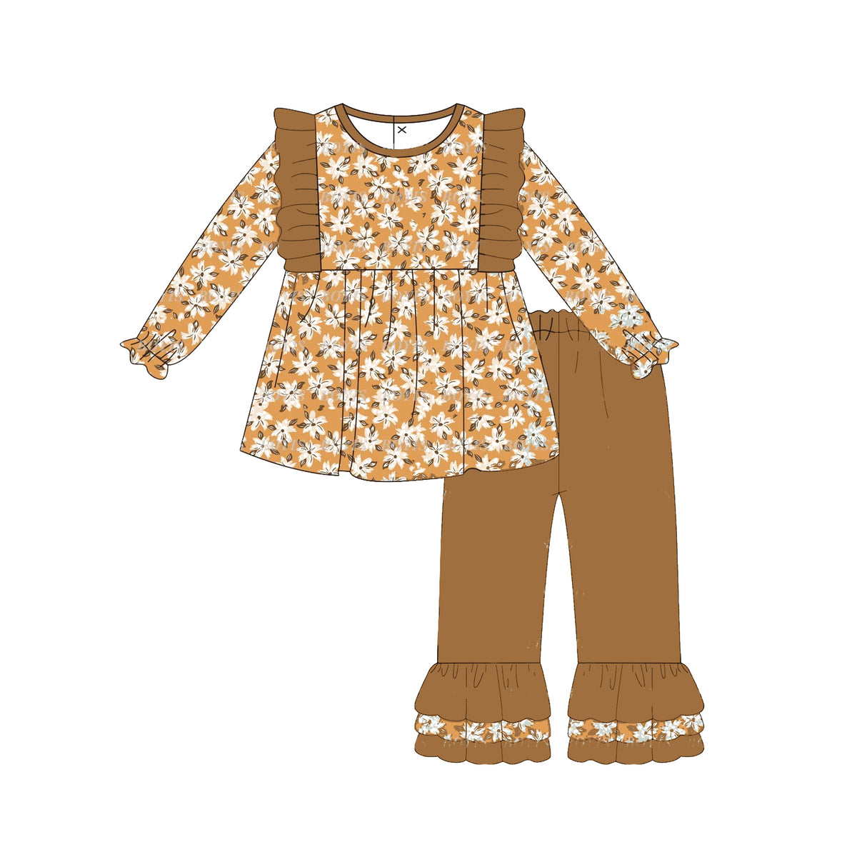 preorder GLP1615 cute little flowers long sleeve khaki pants girls set