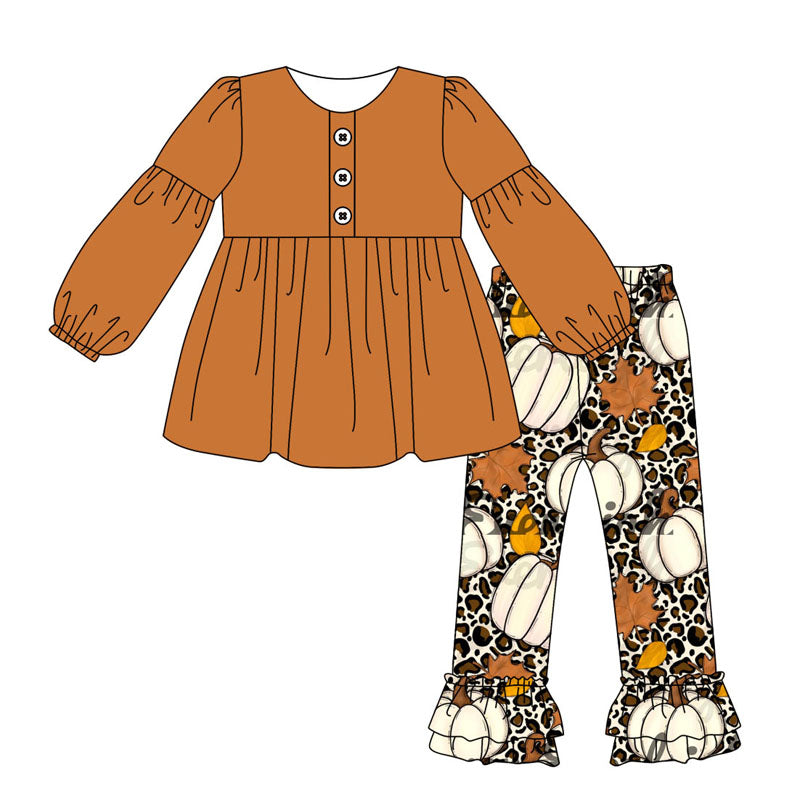 preorder GLP1620 Autumn pumpkin leopard orange long sleeve pants girls set