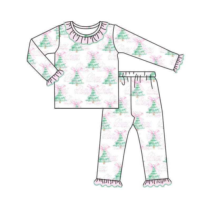 preorder GLP1630 Christmas tree pink bows long sleeve pants girls pajamas