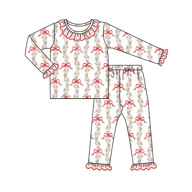 preorder GLP1631 Christmas red bows flowers long sleeve pants girls pajamas