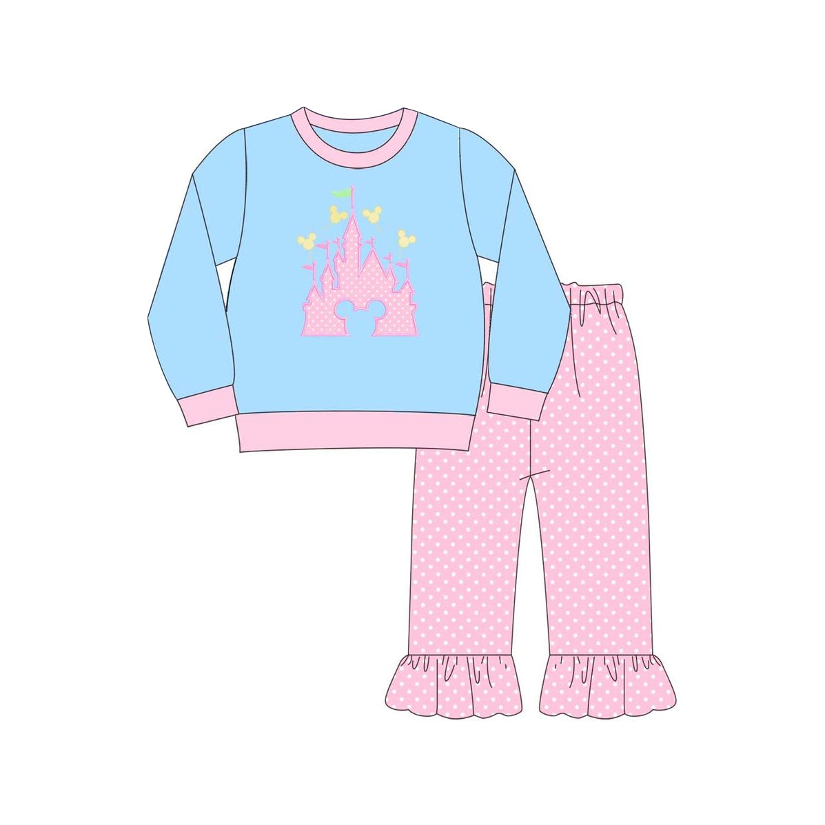 preorder GLP1633 cartoon M castle blue long sleeve pink dot pants girls set