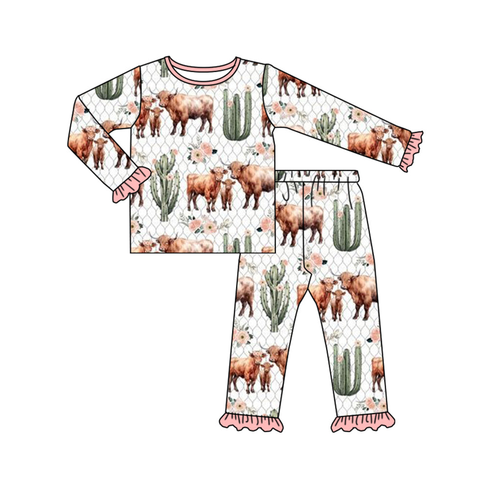 preorder GLP1634 Western cactus cow pink long sleeve pants girls set girls pajamas