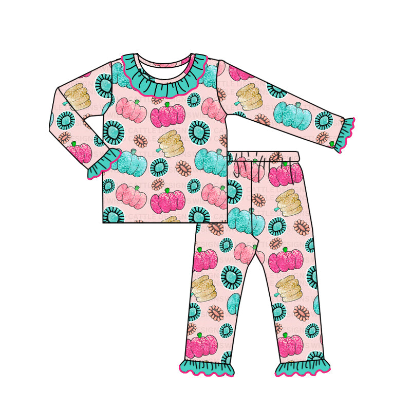 preorder GLP1636 Western pumpkin turquoise blue long sleeve pants girls pajamas
