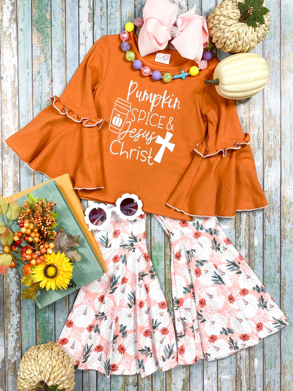 preorder GLP1638 pumpkin spice orange long sleeve pink flowers pants girls set