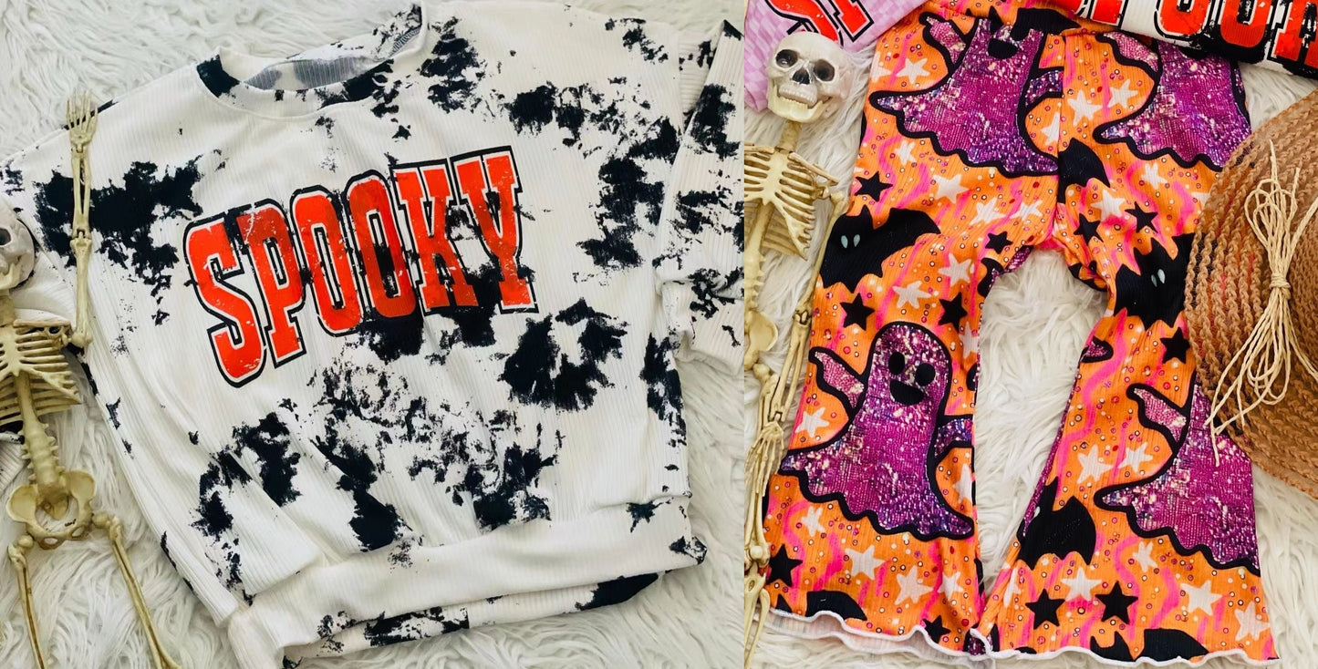 preorder GLP1692 Halloween spooky ink pattern long sleeve orange bat pants girls set