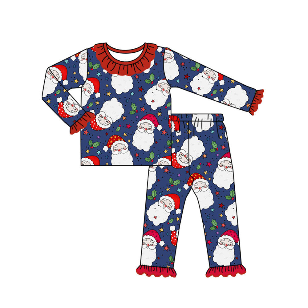 preorder GLP1715 Christmas Santa holly berry navy blue long sleeve pants girls pajamas