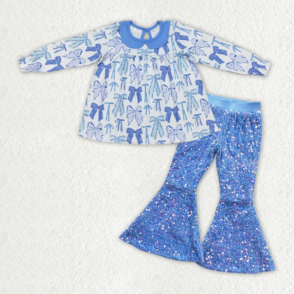 GLP1718 blue bows long sleeve blue sequin pants girls set